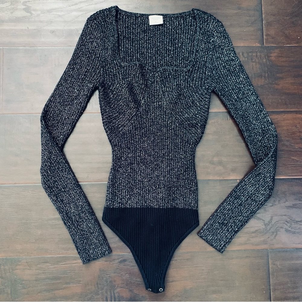 Abercrombie & Fitch Metallic Black Sweetheart Neck Stretchy Sweater Bodysuit XS